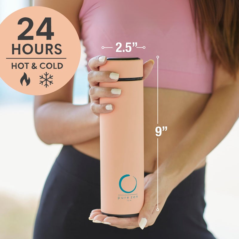 Pure Zen Tea Thermos with Infuser for Hot and Cold Infusions - Stainless Steel - Tea Infuser Bottle - Leakproof Travel Mug with Filter - 15oz - Pink - Image 2